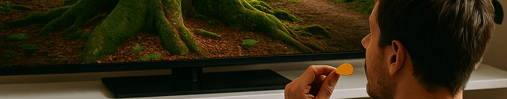 Ein Mann sitzt mit Chips auf dem Sofa, schaut auf einen großen Fernseher, auf dem ein grüner Waldweg zu sehen ist – das ironisch inszenierte Konzept des „virtuellen Waldbadens“ im Wohnzimmer.