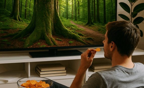 Ein Mann sitzt mit Chips auf dem Sofa, schaut auf einen großen Fernseher, auf dem ein grüner Waldweg zu sehen ist – das ironisch inszenierte Konzept des „virtuellen Waldbadens“ im Wohnzimmer.