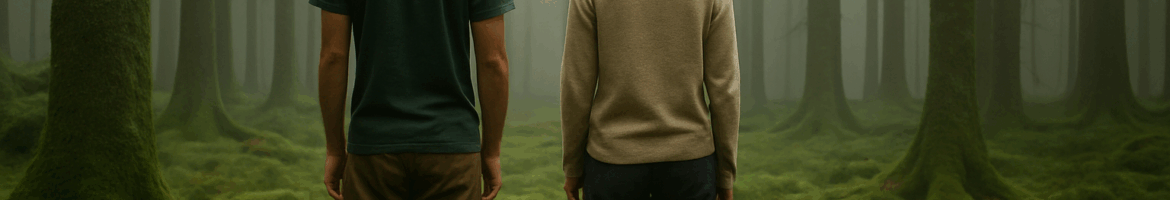 Ein nebliger Wald am frühen Morgen, durchzogen von Sonnenstrahlen, die durch das Blätterdach fallen. Der moosbedeckte Waldboden und die ruhige Atmosphäre laden zum Innehalten und Waldbaden ein.