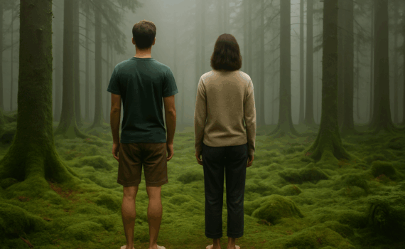 Ein nebliger Wald am frühen Morgen, durchzogen von Sonnenstrahlen, die durch das Blätterdach fallen. Der moosbedeckte Waldboden und die ruhige Atmosphäre laden zum Innehalten und Waldbaden ein.