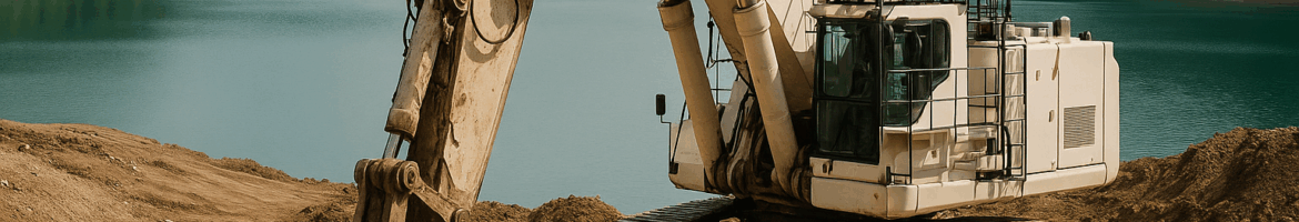 Ein weißer Schwerlastbagger mit überdimensionaler Schaufel steht am Ufer des Happurger Stausees, umgeben von Erdaufschüttungen, mit bewaldeten Hügeln und nebelverhangenem Himmel im Hintergrund – Symbolbild für das Großprojekt zur Wiederbelebung des Pumpspeicherwerks in Bayern.